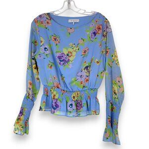 WAYF Smocked Floral Peplum Blouse Romantic Sheer Puff Sleeve Top Small